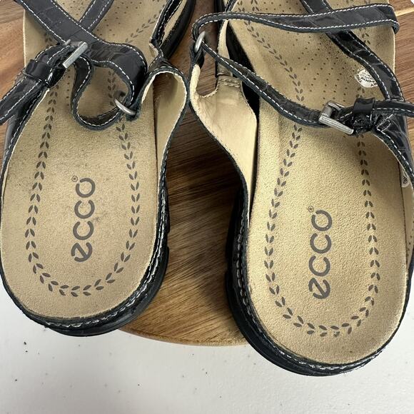 Ecco Sandal Womens 11.5 Black Leather Comfort Slip on Strappy Adustable Cork - Picture 12 of 13